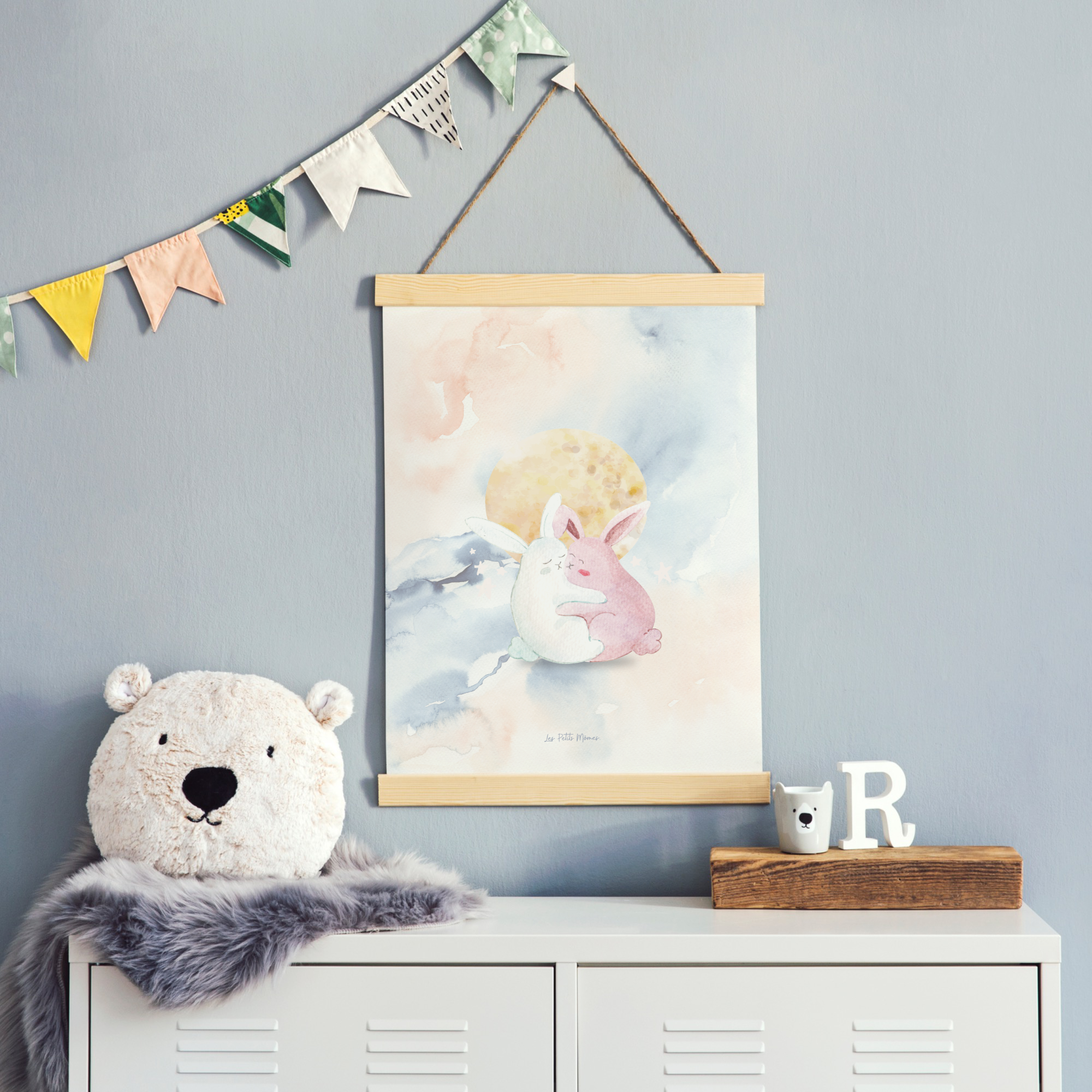Affiche poster lapin fleur, aquarelle chambre bébé : par